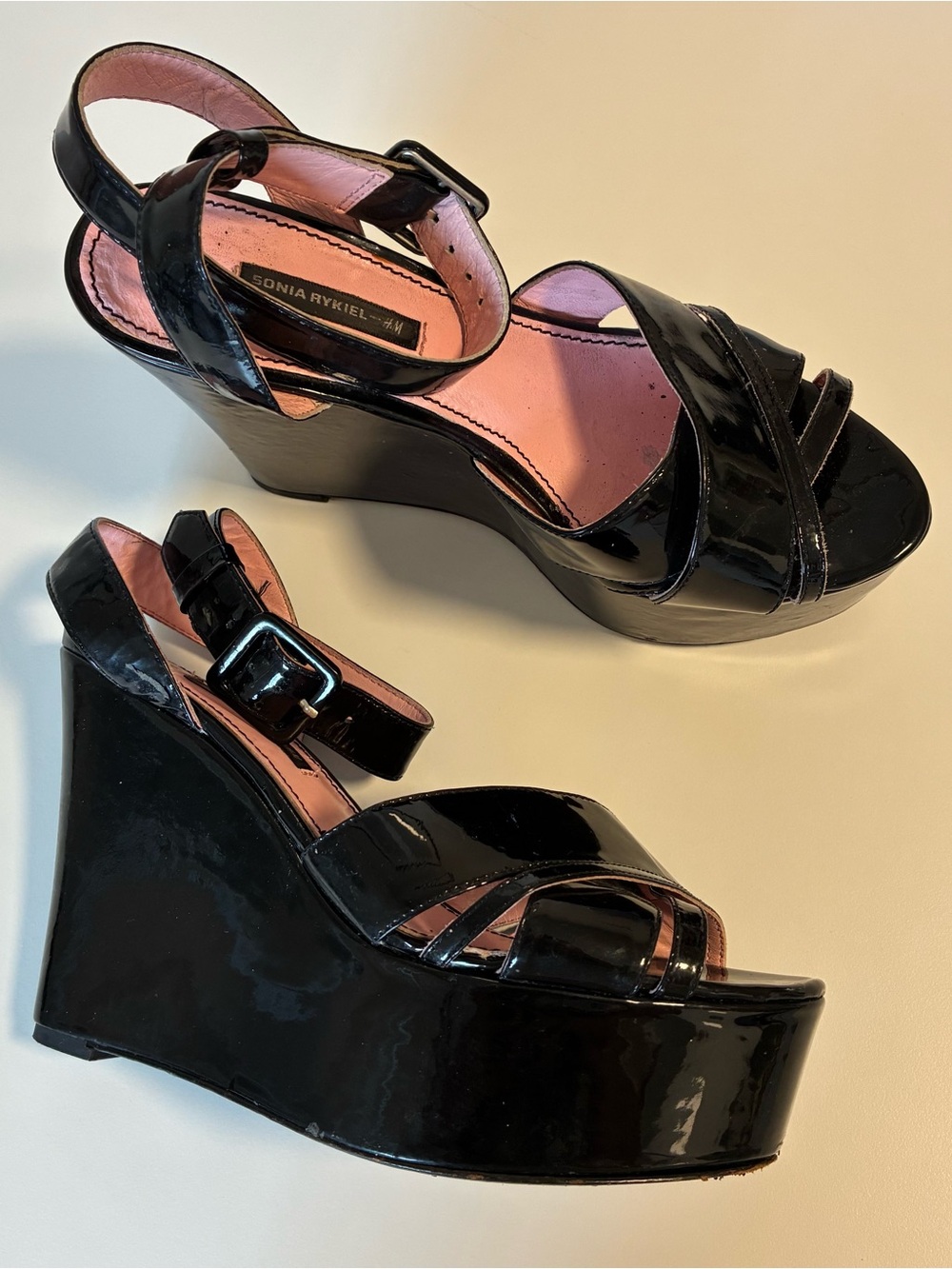 Sonia Rykiel Black Patent Wedge Sandals with Pink Insole